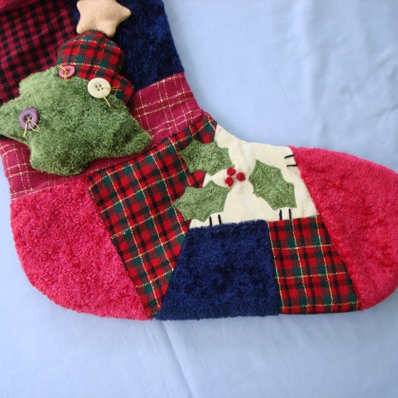 Nice 18" Stocking Farmhouse Patchwork Christmas Embellished Buffalo Check Fabric - Picture 10 of 14